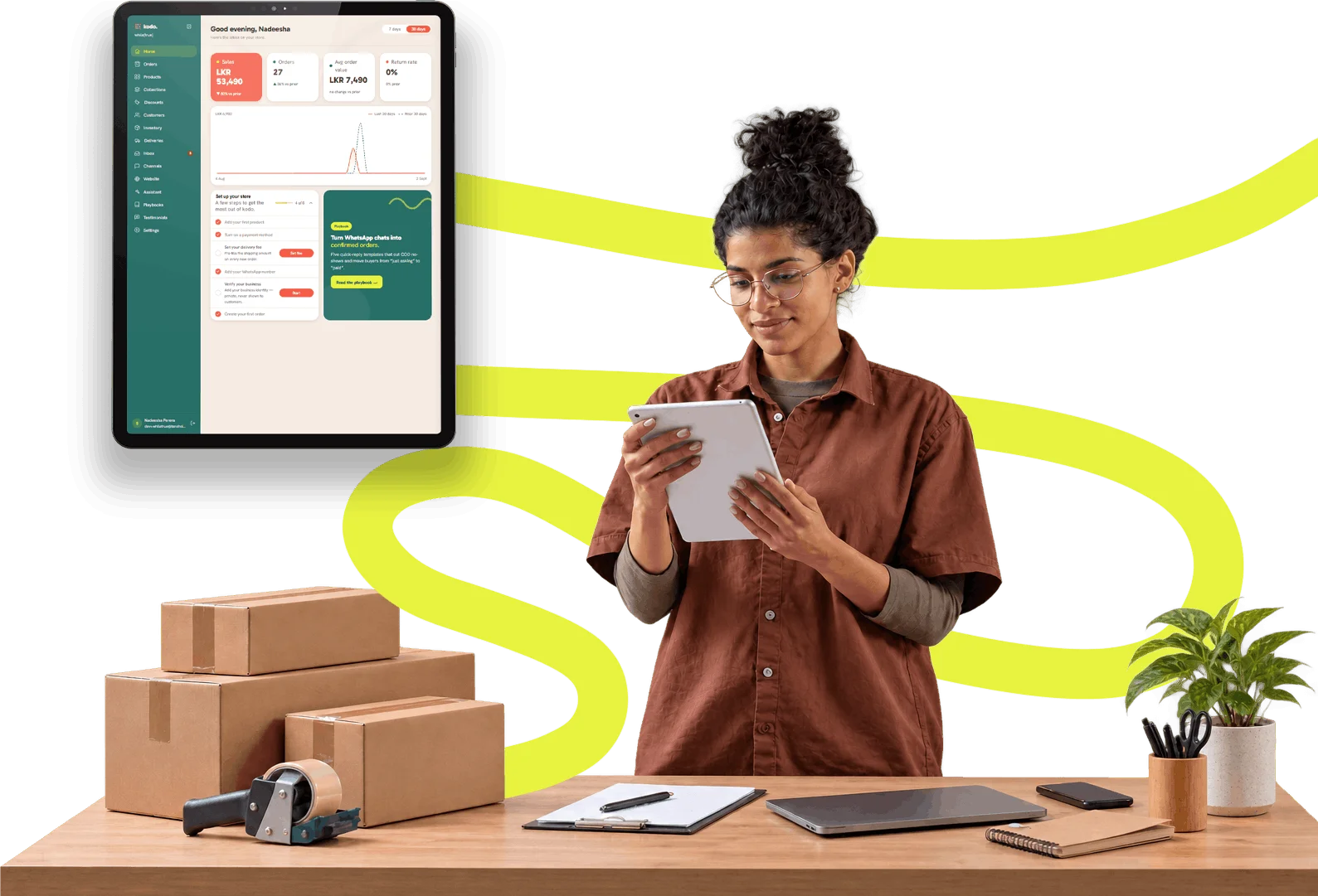 kodo dashboard එක පාර්ශ්වයේ orders බලන ලංකාවේ seller කෙනෙක්, වටේට pack කරපු parcels